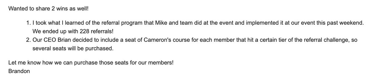 Brandon's email about generating 228 referrals