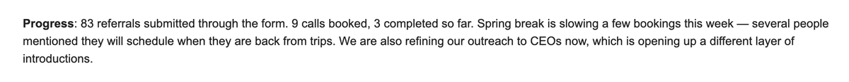 Progress update showing 83 warm introductions and 9 calls booked