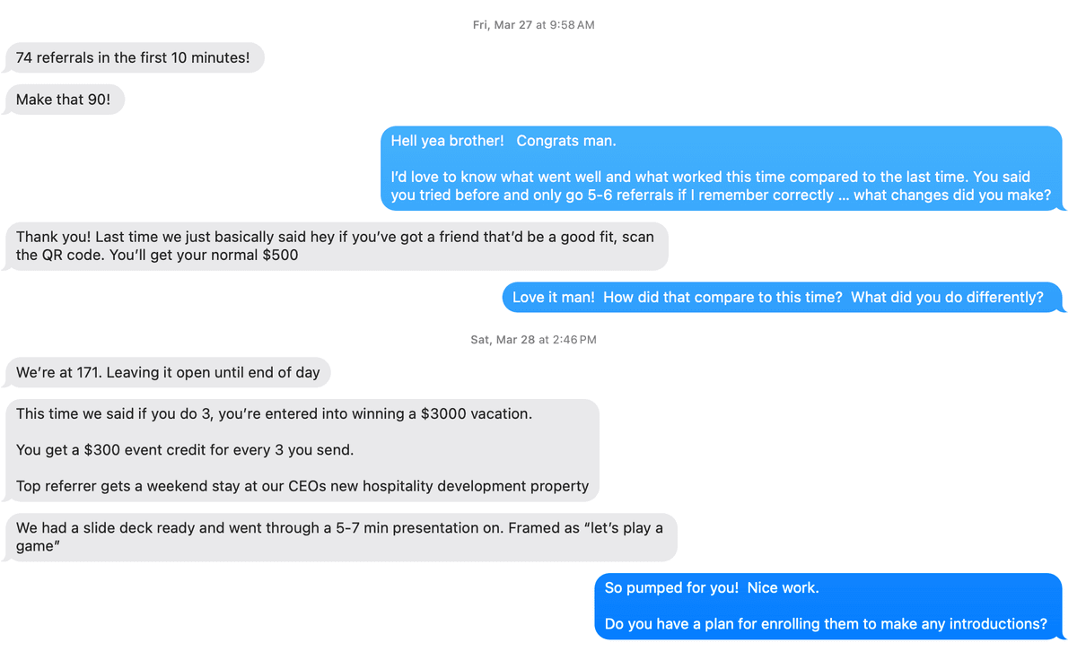 Text conversation showing 90 referrals in 10 minutes, 171 by end of day